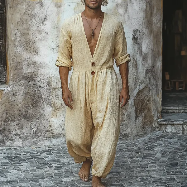 Men's Holiday Gentleman V-Neck Long Sleeve Linen Jumpsuit - Localziv.com 