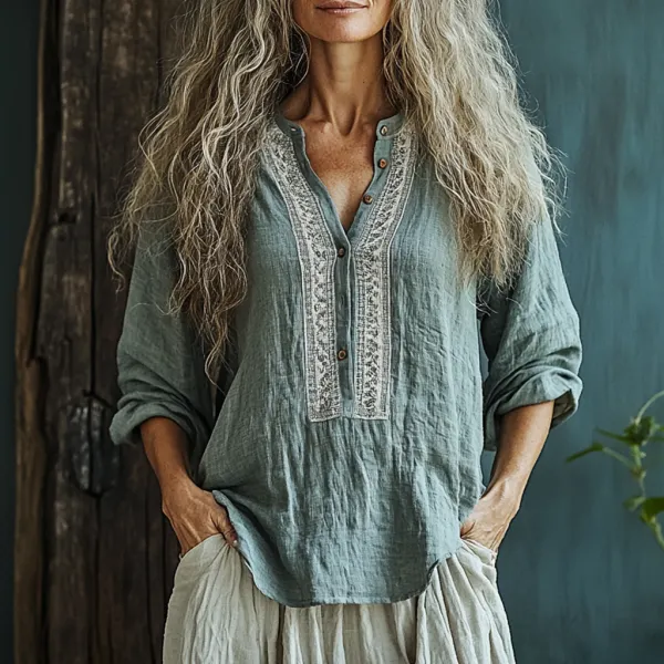 Women's Plain V-neck Linen Thin Three-quarter Sleeve Shirt - Albionstyle.com 