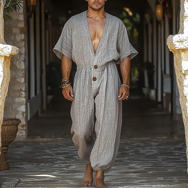 Men's Holiday Linen Loose Jumpsuit - Yiyistories.com 