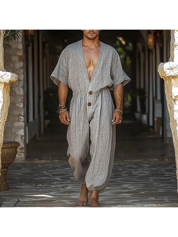 Men's Holiday Linen Loose Jumpsuit - Ootdmw.com 