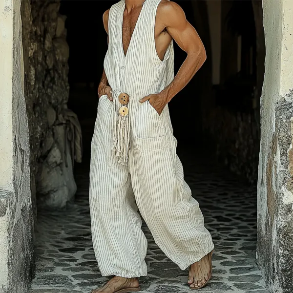 Men's Holiday Linen Breathable Sleeveless Vertical Striped Jumpsuit - Yiyistories.com 