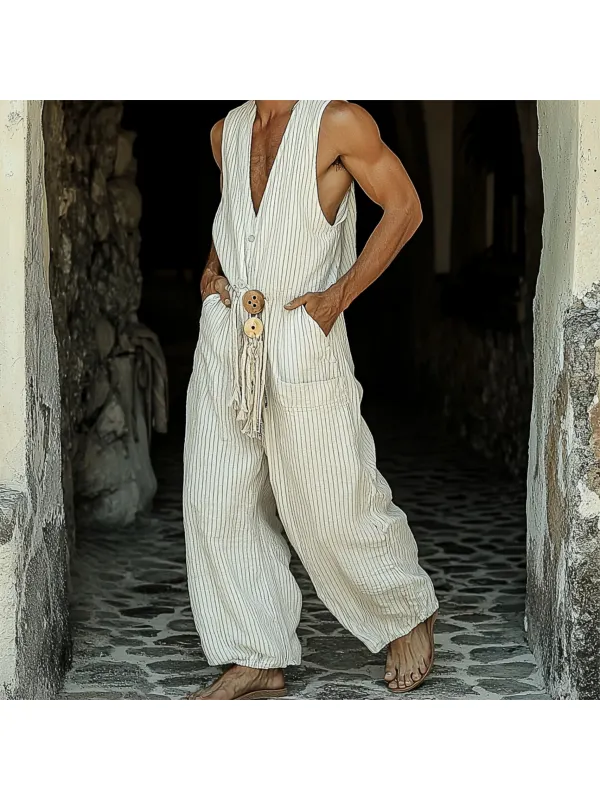 Men's Holiday Linen Breathable Sleeveless Vertical Striped Jumpsuit - Ootdmw.com 