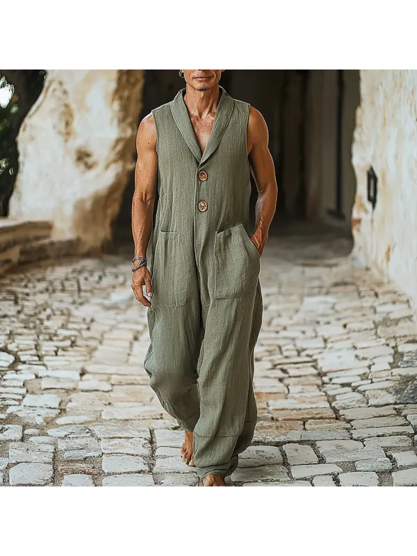 Men's Holiday Linen Breathable Loose Casual Jumpsuit - Ootdmw.com 