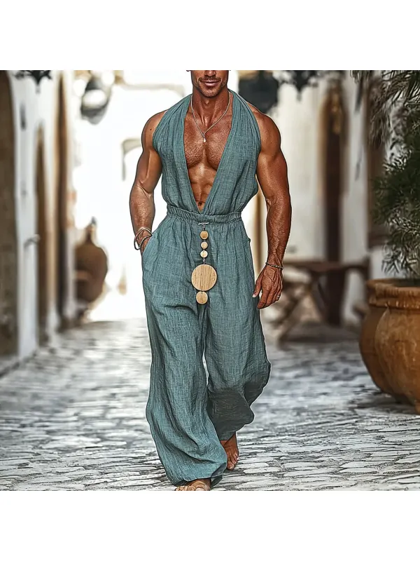 Men's Holiday Sleeveless Linen Simple Casual Jumpsuit - Ootdmw.com 