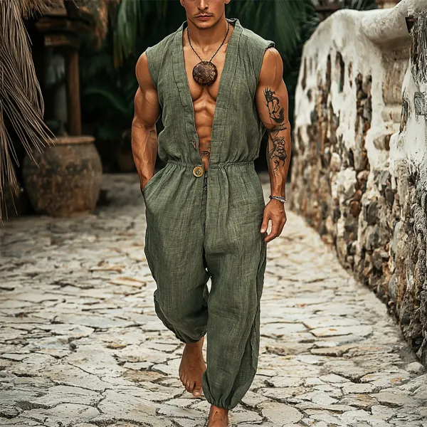 Men's Holiday Linen Breathable Casual Sleeveless Jumpsuit - Yiyistories.com 