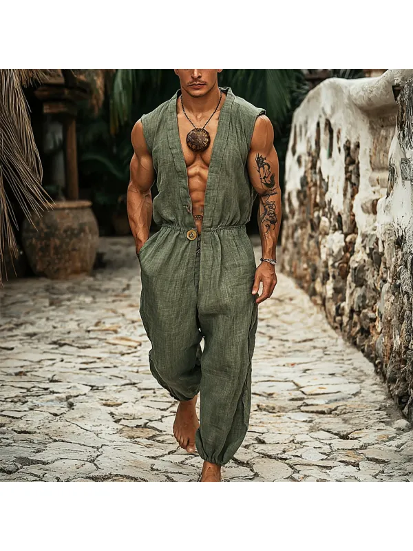 Men's Holiday Linen Breathable Casual Sleeveless Jumpsuit - Ootdmw.com 