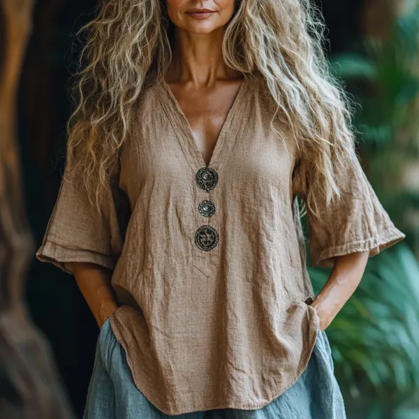 Women's Plain V-neck Linen Light Loose Shirt - Salolist.com 