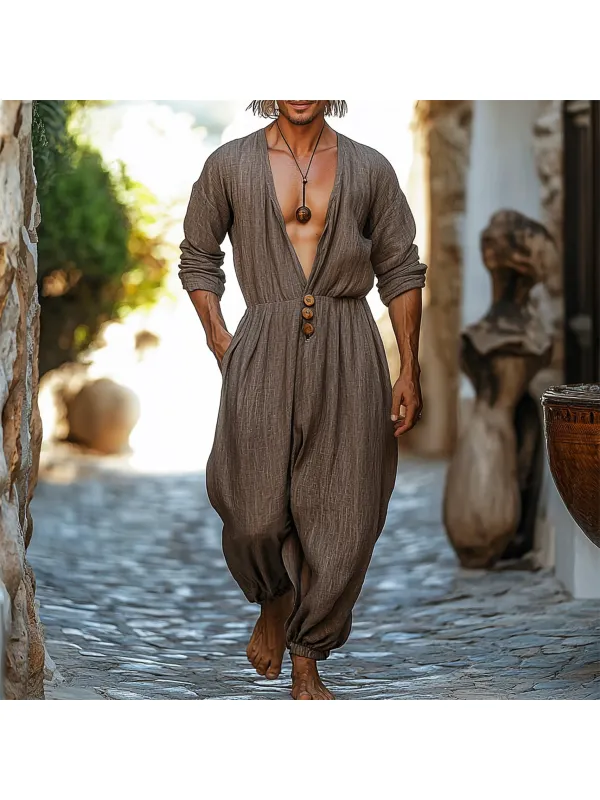 Men's Holiday Gentleman Long Sleeve Personalized Linen Jumpsuit - Anrider.com 