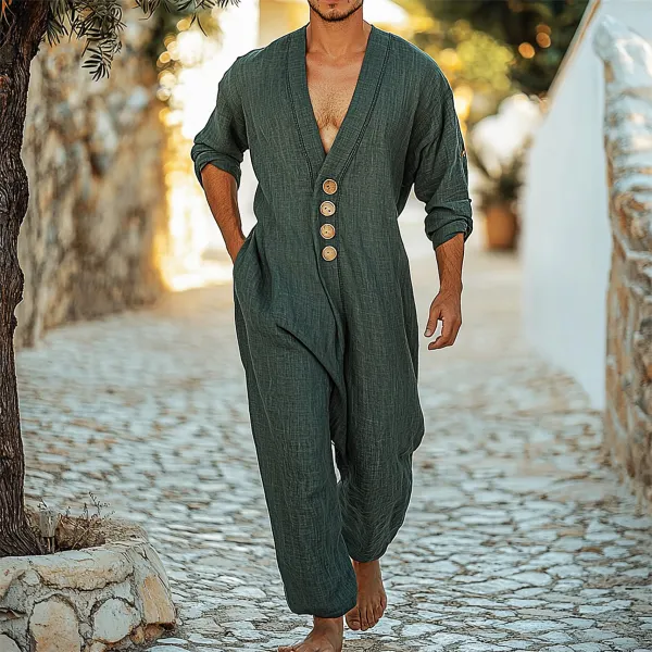 Men's Holiday Gentleman Long Sleeve Casual Linen Jumpsuit - Localziv.com 