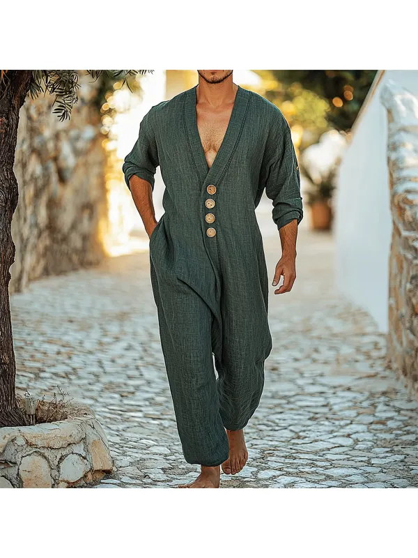Men's Holiday Gentleman Long Sleeve Casual Linen Jumpsuit - Ootdmw.com 