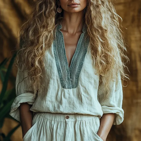 Women's V-neck Linen Bohemian Sleeve Shirt - Localziv.com 