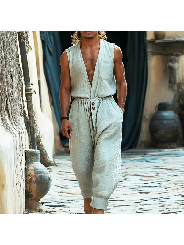 Men's Holiday Gentleman V-neck Sleeveless Linen Breathable Jumpsuit - Ootdmw.com 