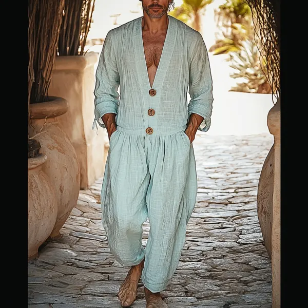 Men's Holiday Long Sleeve Linen Button Jumpsuit - Yiyistories.com 