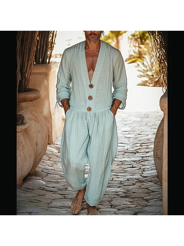 Men's Holiday Long Sleeve Linen Button Jumpsuit - Ootdmw.com 