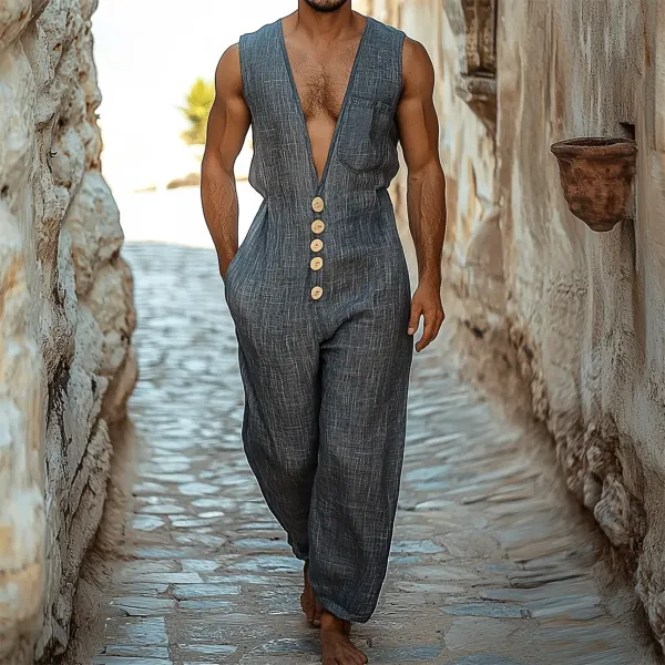 Men's Holiday Plain Sleeveless Linen Jumpsuit - Yiyistories.com 