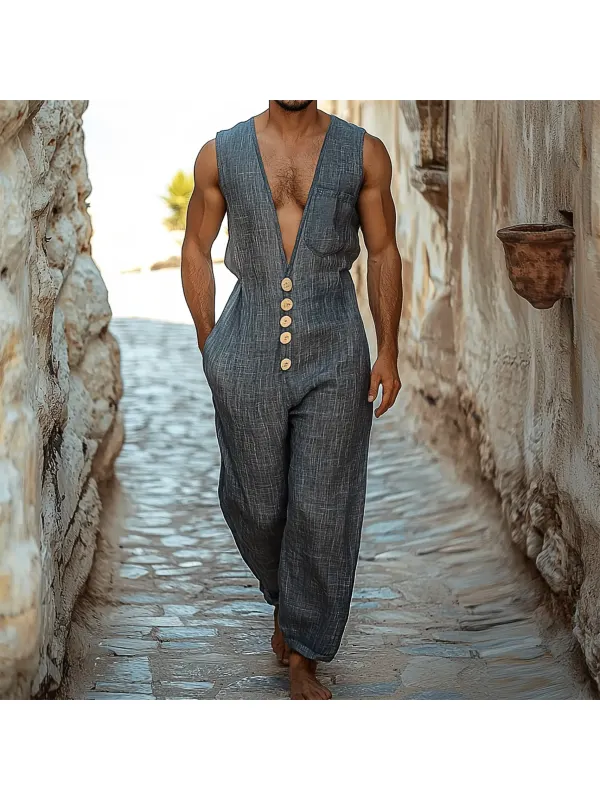 Men's Holiday Plain Sleeveless Linen Jumpsuit - Ootdmw.com 