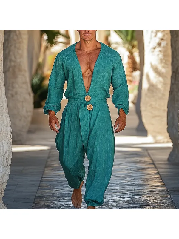 Men's Holiday Long Sleeve Linen Button Casual Jumpsuit - Ootdmw.com 