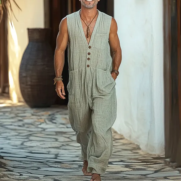 Men's Holiday Linen Breathable Loose Jumpsuit - Yiyistories.com 