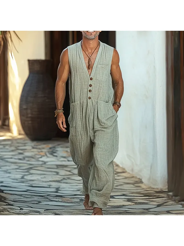 Men's Holiday Linen Breathable Loose Jumpsuit - Ootdmw.com 