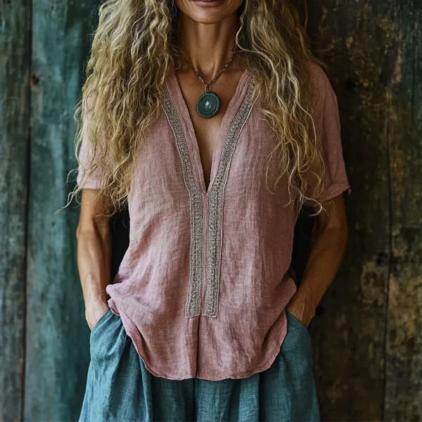 Women's V-neck Linen Bohemian Short-sleeved Shirt - Salolist.com 