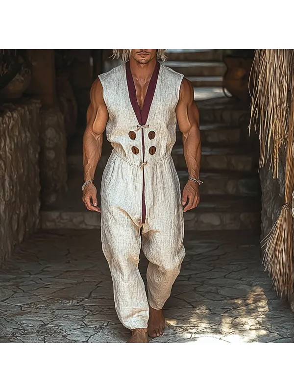 Men's Holiday Gentleman Linen Breathable Sleeveless Jumpsuit - Ootdmw.com 