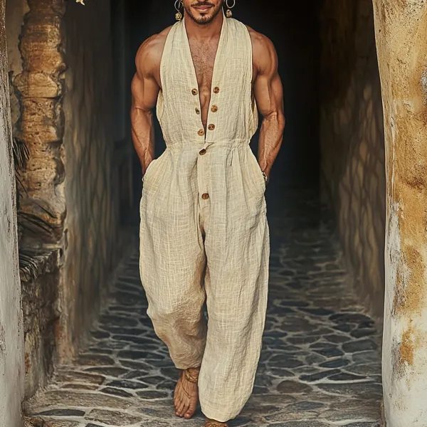 Men's Holiday Gentleman V-Neck Sleeveless Linen Jumpsuit - Localziv.com 