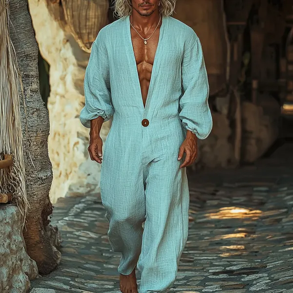 Men's Holiday Gentleman Long Sleeve Simple Linen Jumpsuit - Yiyistories.com 