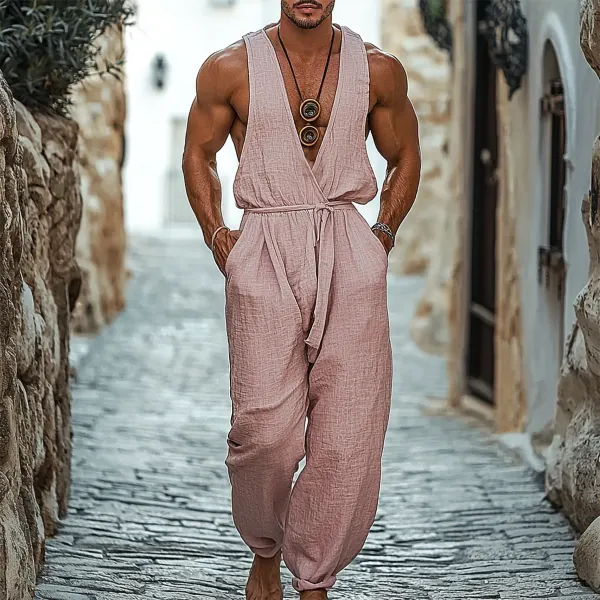 Men's Holiday Sleeveless Casual Linen Jumpsuit - Localziv.com 