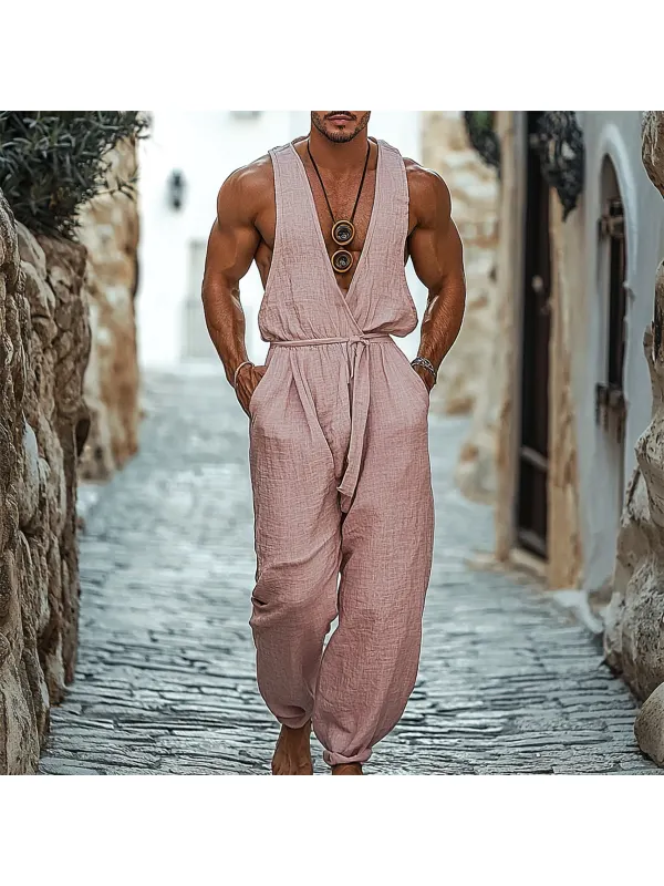 Men's Holiday Sleeveless Casual Linen Jumpsuit - Localziv.com 