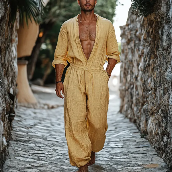 Men's Holiday Gentleman Long Sleeve Linen Loose Jumpsuit - Yiyistories.com 