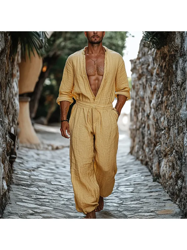 Men's Holiday Gentleman Long Sleeve Linen Loose Jumpsuit - Ootdmw.com 