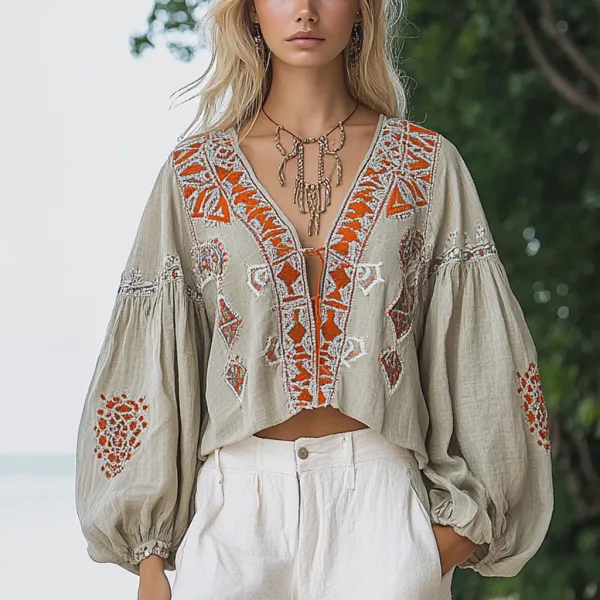 Bohemian Ethnic Pattern Linen Casual Long Sleeve Top - Yiyistories.com 