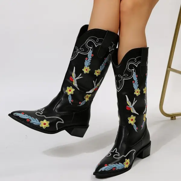 Womens Cowboy Flower Embroidery Casual High Western Boots - Trisunshine.com 