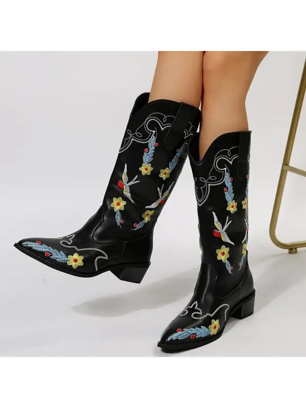 Womens Cowboy Flower Embroidery Casual High Western Boots - Shopyiyistories.com 