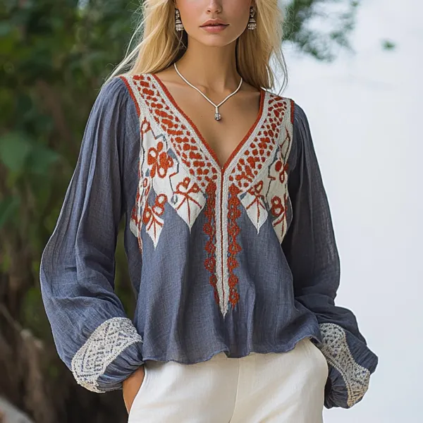 Bohemian Ethnic Pattern Linen Casual Long Sleeve Top - Yiyistories.com 