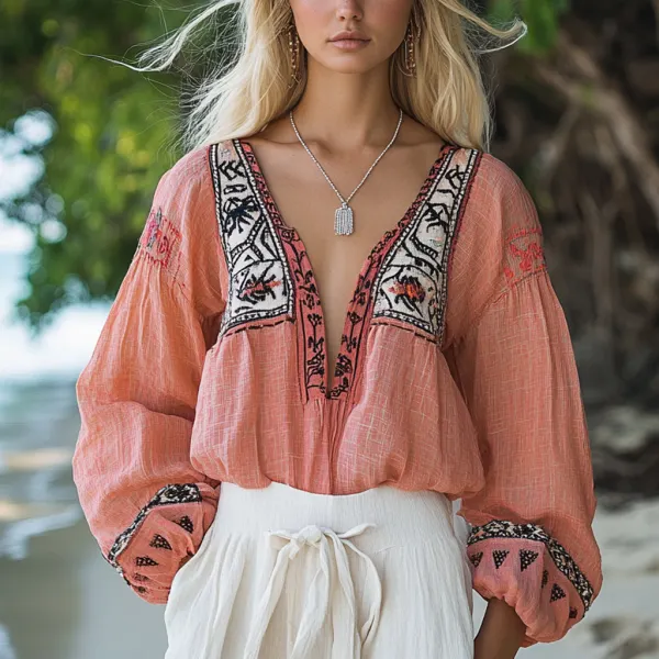 Bohemian Ethnic Pattern Linen Casual Long Sleeve Top - Yiyistories.com 