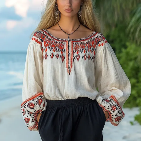 Bohemian Ethnic Pattern Linen Casual Long Sleeve Top - Yiyistories.com 