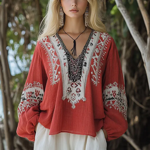 Bohemian Ethnic Pattern Linen Casual Long Sleeve Top - Yiyistories.com 