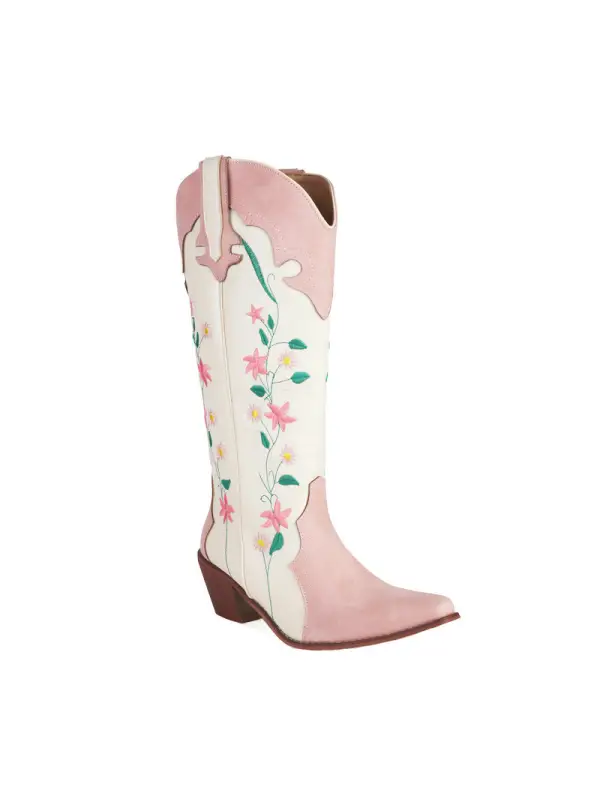 Womens Cowboy Flower Embroidered High Western Boots - Aptkoi.com 