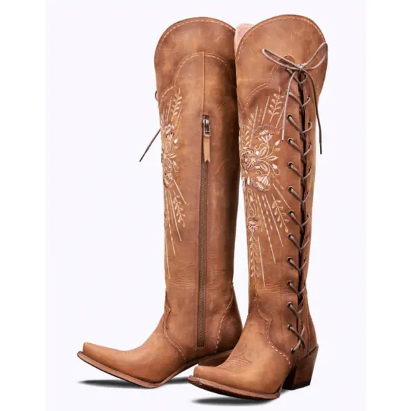 Womens Vintage Embroidered Lace-Up Western Boots - Cotosen.com 