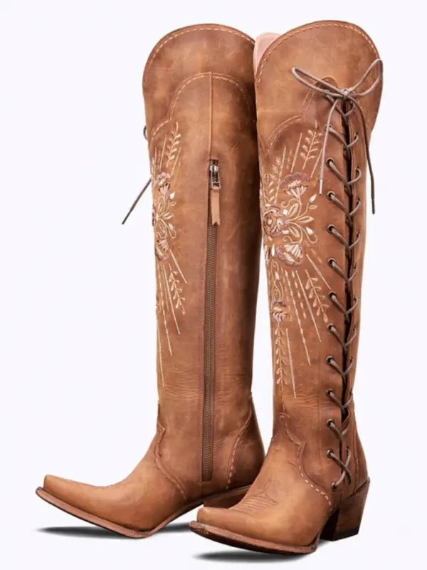 Womens Vintage Embroidered Lace-Up Western Boots - Pragmaace.com 