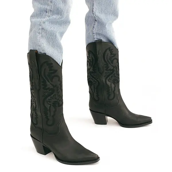 Women's Embroidered Pointed Toe Thick Heel Western Boots - Trisunshine.com 