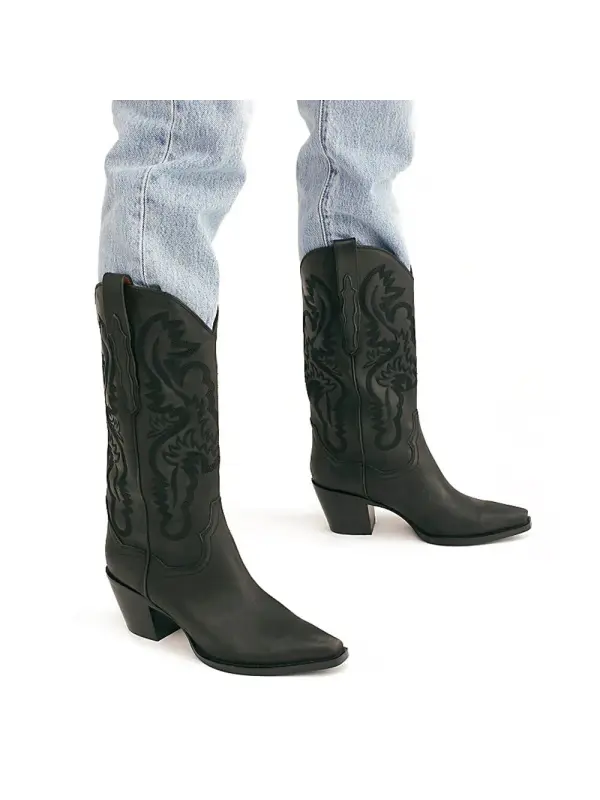 Women's Embroidered Pointed Toe Thick Heel Western Boots - Aptkoi.com 