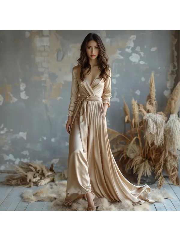 Elegant V Neck Satin Long Sleeve Dress Long Sleeve Dress For Women Evening Dress - Aptkoi.com 