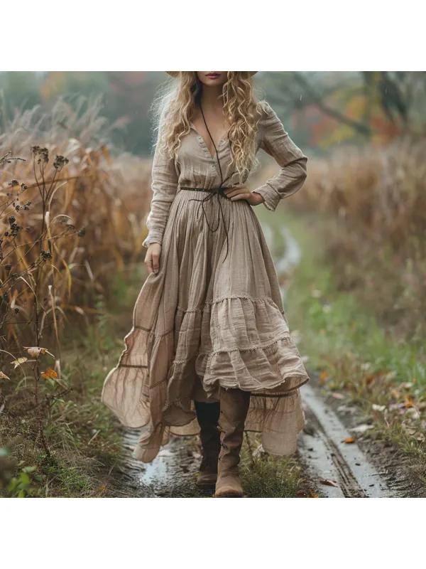 Vintage V-neck Linen Women's Long-sleeved Long Dress Pastoral Style Linen Dress - Viewbena.com 