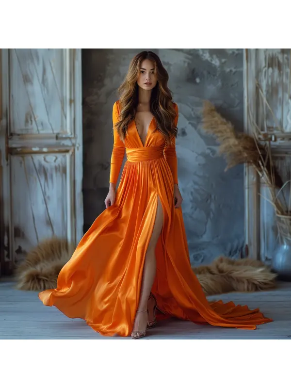 Elegant V Neck Satin Long Sleeve Dress Long Sleeve Dress For Women Evening Dress - Aptkoi.com 