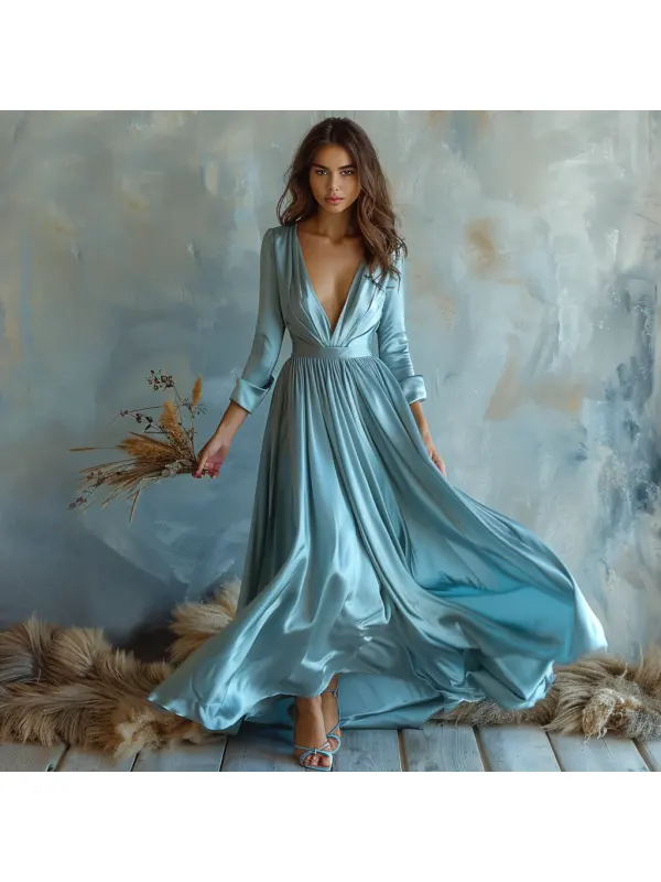 Elegant V Neck Satin Long Sleeve Dress Long Sleeve Dress For Women Evening Dress - Aptkoi.com 
