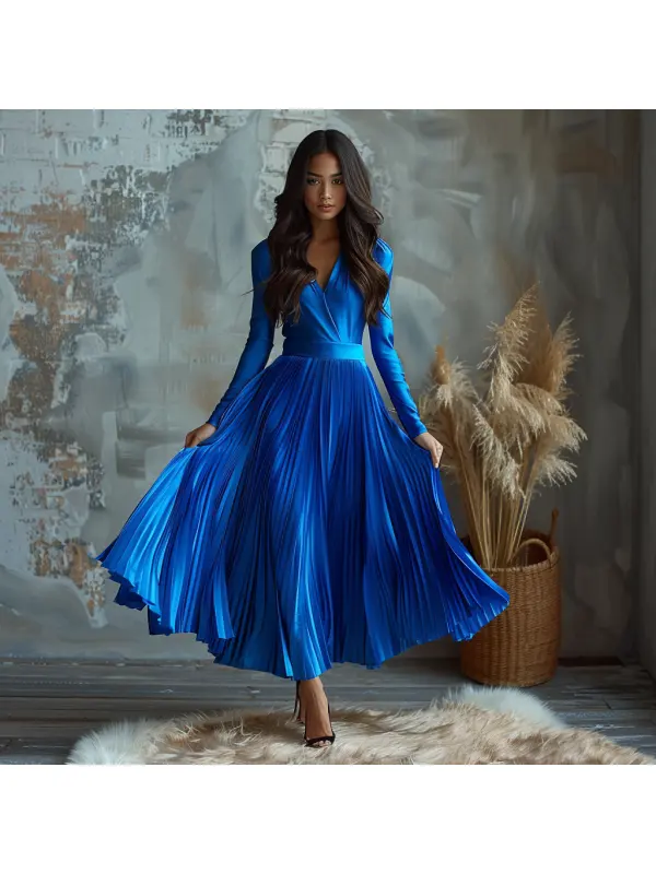 Elegant V Neck Satin Long Sleeve Dress Long Sleeve Dress For Women Evening Dress - Aptkoi.com 
