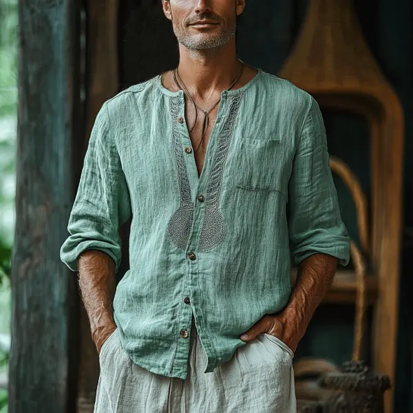 Men's Bohemian Long-sleeved Linen Shirt - Yiyistories.com 