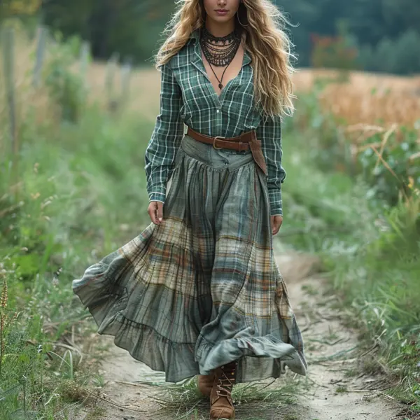 Retro V-neck Plaid Women's Long-sleeved Long Skirt Country Pastoral Retro Dress - Yiyistories.com 